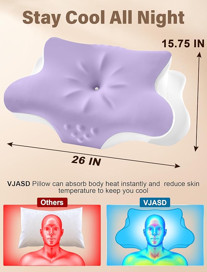 Cervical Neck Pillow for Pain Relief – Ergonomic Memory Foam Pillow for Side Sleeper Contour Orthopedic Bed Pillow for Neck Support with Cooling Cover – Ideal Christmas Birthday Gift - Purple