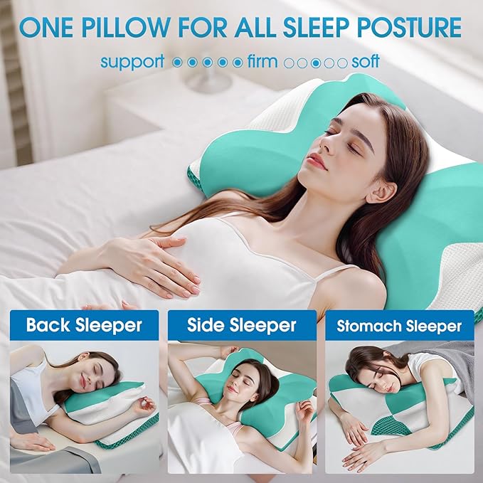 CloudBliss Cervical Memory Foam Pillow for Neck and Shoulder, Contour Neck Support Pillow with Cooling Case, Ergonomic Bed Pillow, Support for Side Back Stomach Sleepers (Green, Queen Size)