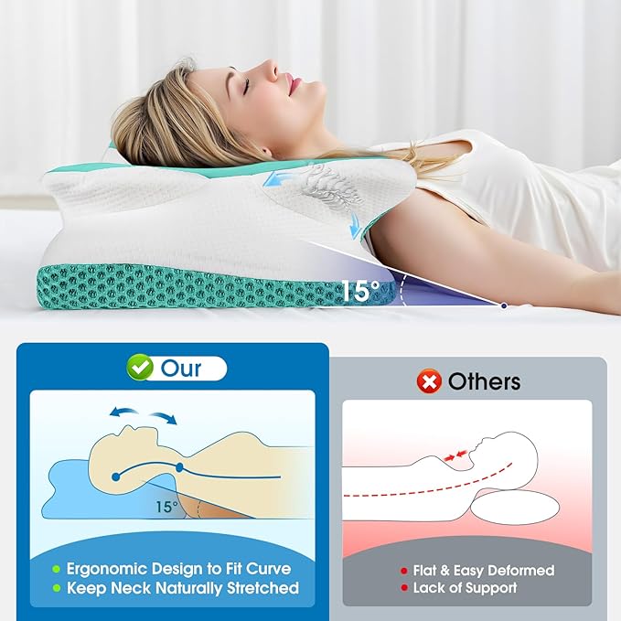 CloudBliss Cervical Memory Foam Pillow for Neck and Shoulder, Contour Neck Support Pillow with Cooling Case, Ergonomic Bed Pillow, Support for Side Back Stomach Sleepers (Green, Queen Size)