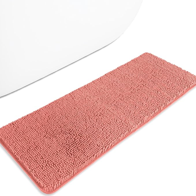 Bathroom Runner Rug 47 x 17 Inch – Long Bath Mat | Absorbent and Washable Thick Chenille Bath Rug Non-Slip Runner Rug for Bathroom, Shower, Sink(Coral)