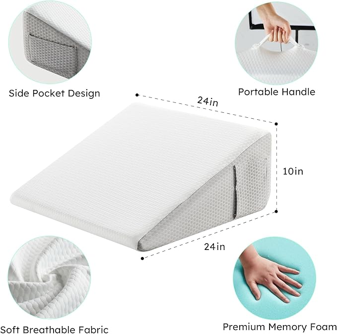 Bedluxe Wedge Pillow, 10 inch Bed Wedge Pillow for Headboard, Pillow Wedge for Acid Reflux Relief, Sleeping, Back Pain Relief, Snoring, Triangle Pillow Wedge, White/Grey