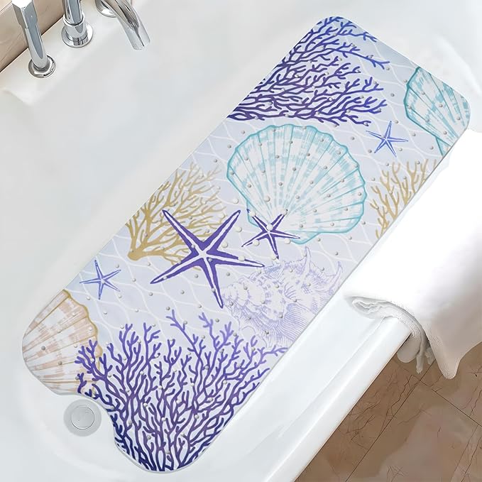 Ocean Bathtub Mat Non Slip, Cute Baby Bath Mat for Tub Rubber Tub Mat, Coral Seashells Toddler Kids Bath Mats for Bathroom Anti Slip Shower Mat with Suction and Drain Holes Machine Washable, 40″x16″