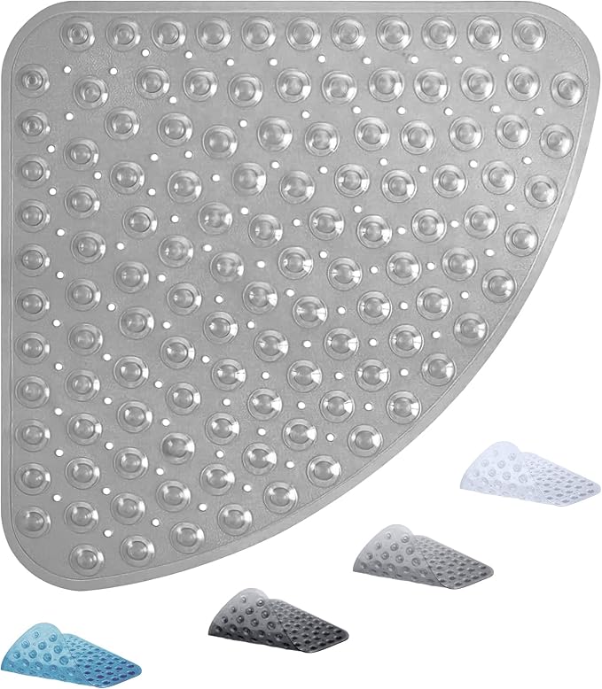 ADOV Corner Shower Mat Non Slip, 21x21 inch Curved Shower Mats for Inside Shower, Anti-Slip Bath Mat with Strong Suction Cup, Drain Holes, Machine Washable, Ideal for the Elderly (Grey)