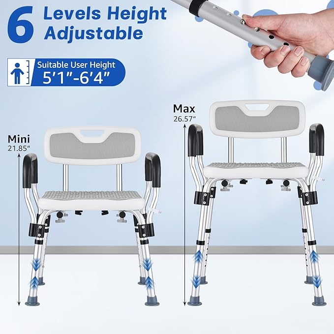 Shower Chair for Elderly and Disabled Inside Shower, Shower Seat for Inside Tub 450 LB Heavy Duty, Shower Chair with Arms and Back,Padded Handicap Bath Chairs for Seniors for Shower Stal