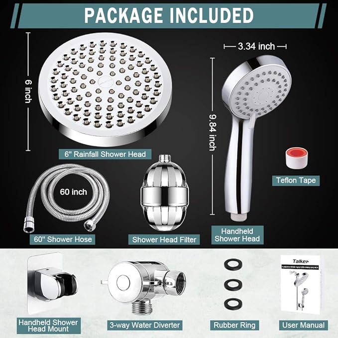 Taiker Filtered Shower Head, High Pressure Rainfall Shower Head/Handheld Shower Filter Combo, Luxury Modern Chrome Plated with 60'' Hose Anti-leak with Holder (Silver)