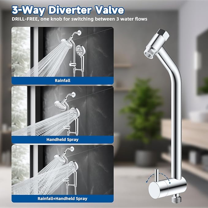 All Metal Dual Shower Head Easy Reach, High Pressure 10-Spray Handheld Shower & 6" Round Rainfall Shower Head Combo, Shower Extension Arm, 71" Hose, 3-way Diverter, Brass Shower Bracket, Chrome
