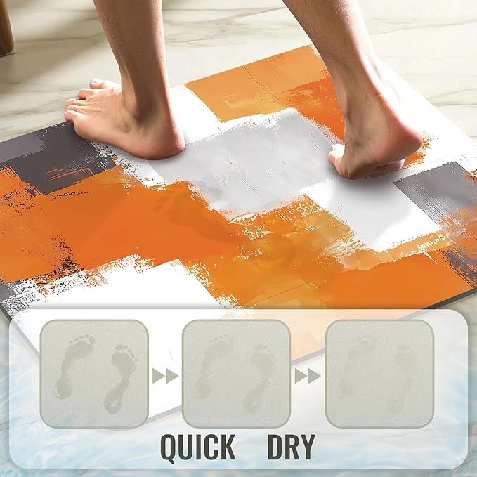 Quick Dry Bath Mat for Bathroom,Super Absorbent Orange and Gray Welcome Bath Rug Non-Slip Rubber,Machine Washable Bathroom Floor Mat for Shower, Tub, Sink Area Abstract Art Painting 16x24