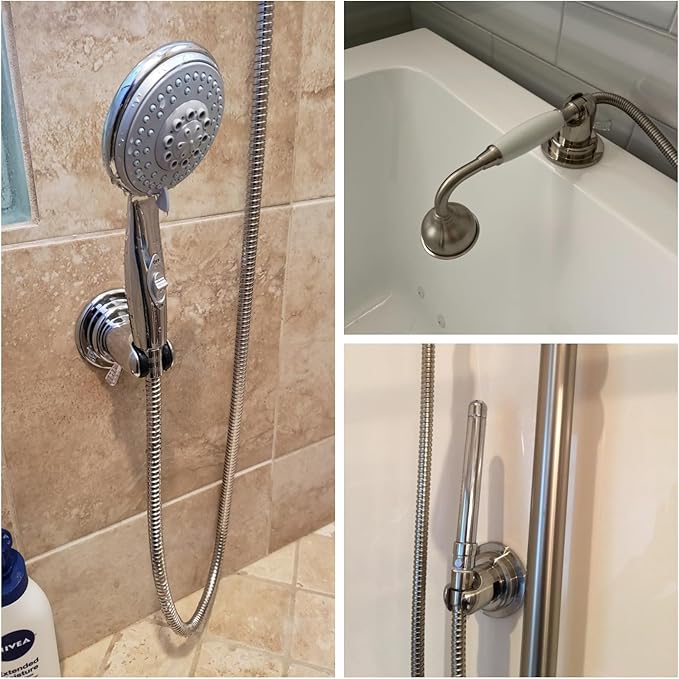 JiePai Suction Cup Shower Head Holder, Adhesive Suction Handheld Shower Head Holder Bracket,Removable Wall Mount Head Holder for Bathroom,Brushed Nickel