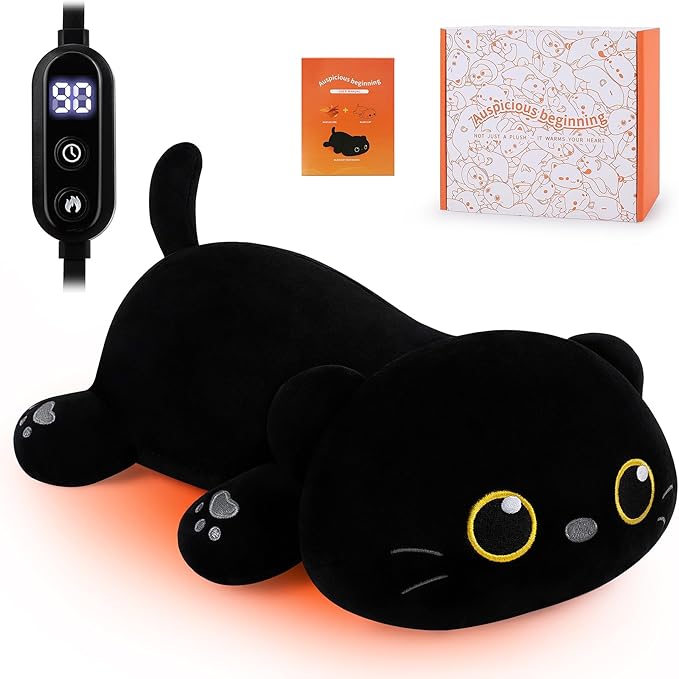 Electric Heating Pad for Period Cramps, Cuddly Kawaii 14'' Black Cat Plush with a Hot Soft Belly USB Powered, Menstrual Heating Pad Neck Shoulder Pain Relief, Gift for Daughter Wife Period Heating Pad