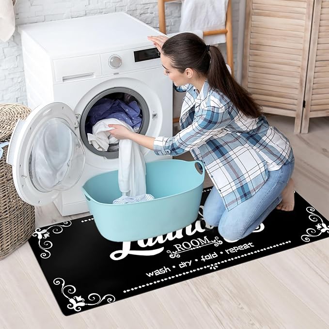 XLHOMO Non-Slip Laundry Room Rug, 17.7"x45" Black Laundry Mat, Washable Farmhouse Runner for Laundry Room, Kitchen, Bathroom & Entryway