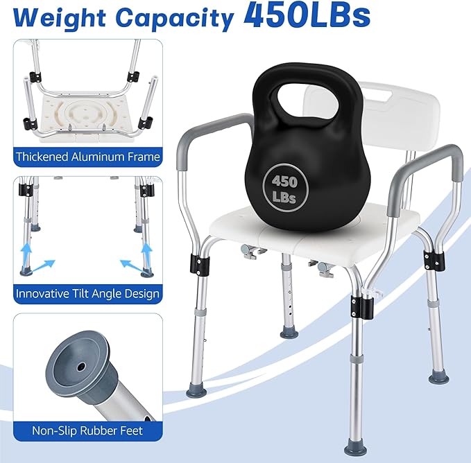 Shower Chair for Inside Shower 450 LB Heavy Duty, Handicap Toilet Chairs for Seniors with Arms, Shower Seat for Elderly and Disabled Inside Tub, Padded Bath Chairs for Shower Stall