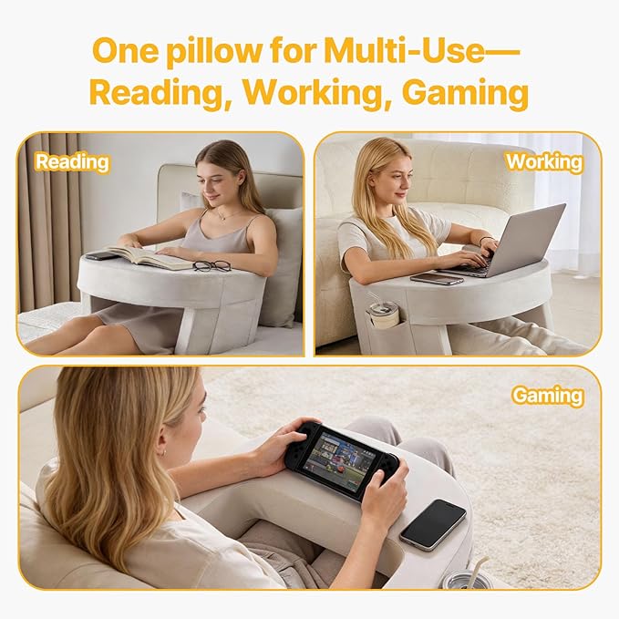 Reading Pillow Lap Desk with Storage Pockets & Ergonomic Arm Rests for Laptop, Gaming, Reading, Working on Bed, Couch & Floor for Adults, Arc-Shaped, Grey