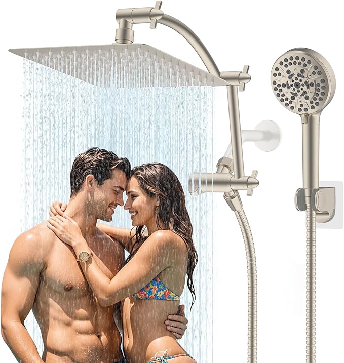 Hibbent All Metal cUPC Certified Shower Head, 10'' High Pressure Rain Shower Head, Handheld Showerhead Combo with 16'' Adjustable Extension Arm, 10 Sprays, 71'' Hose, Showerhead Holder, Brushed Nickel