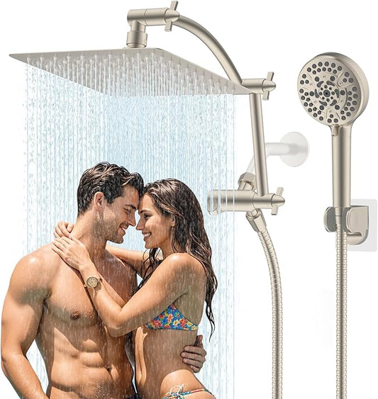 Hibbent All Metal cUPC Certified Shower Head, 10'' High Pressure Rain Shower Head, Handheld Showerhead Combo with 16'' Adjustable Extension Arm, 10 Sprays, 71'' Hose, Showerhead Holder, Brushed Nickel