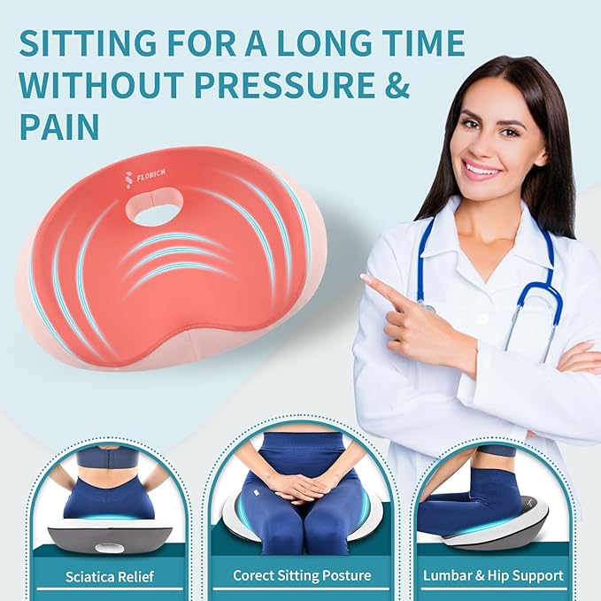 FLORICH Seat Cushion Lumbar Support Pillow for Office Chair, Car Lower Back Support, Ergonomic Desk Chair Pillow for Butt and Back Support of Memory Foam Seat Pad(Pink)