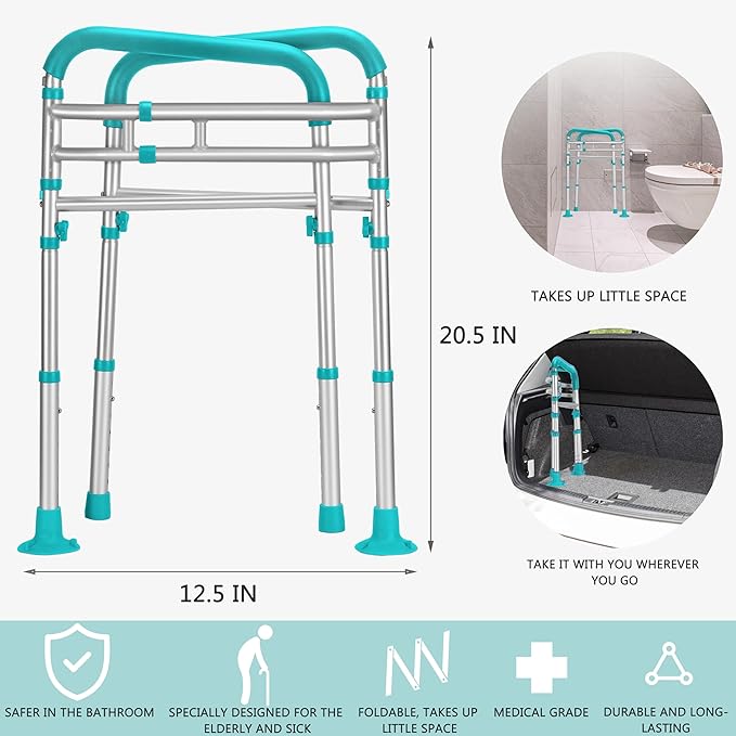 Lianjindun Toilet Safety Rails, Adjustable Toilet Frame for Elderly, Seniors, Handicap & Disabled, Foldable Handicap Toilet Handles Fit Any Toilets（Peacock Blue）