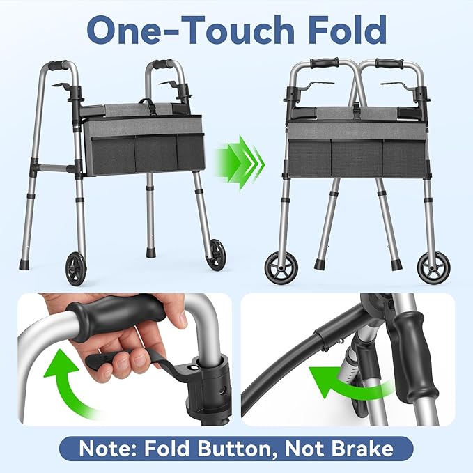 Loyoda Folding Walker with Basket and Glide Skis, 5" Wheels Lightweight Walkers for Seniors and Adults, Supports Up to 350 Pounds, Adjustable Height, Compact Standard Walker