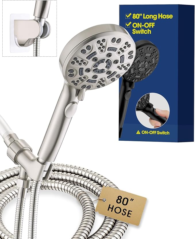 Handheld Shower Head with 6.56ft Extra Long Hose, On Off Switch 8-Seting High Preesure Hand Held Showerhead, Low-Reach Adhesive Holder for Kid, Disable& Elder (Brushed Nickel)