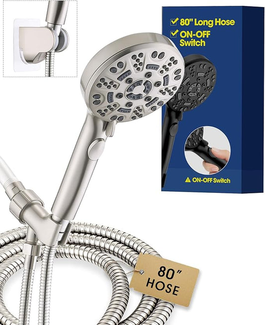 Handheld Shower Head with 6.56ft Extra Long Hose, On Off Switch 8-Seting High Preesure Hand Held Showerhead, Low-Reach Adhesive Holder for Kid, Disable& Elder (Brushed Nickel)