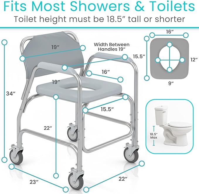 Vive Shower Chair & Toilet Riser with Wheels - Rolling Bathroom Seat for Elderly, Disabled, Handicapped - Adjustable Senior Raised Bath Potty Chair with Handles for Adults - w/ Arms & Locking Wheels