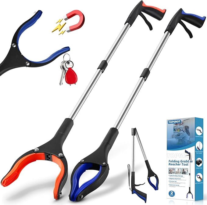 32” Grabber Reacher Tool, 2-Pack Foldable Reacher Grabber Pickup Tool with 90° Rotating Jaw & Magnets, Trash Picker Upper Grabber, Lightweight Grabbers for Seniors Heavy Duty