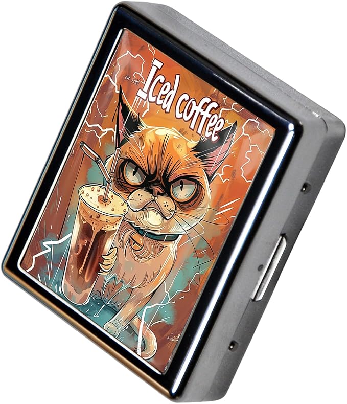 Metal Pill Organizer Box with Mirror – 8 Compartment Chrome Pill Case, Pocket-Size Travel Pill Container for Vitamins, Seniors, Daily Use (Grumpy Cat Iced Coffee)