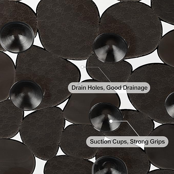 WELTRXE Pebbles Bath Mat for Tub Black Non-Slip Bathtub Mat with Suction Cups, Drain Holes for Bathroom Showers, Tub, Machine Washable, BPA, Latex Free Oval Shower Mats Bath Tub mat, 27 x 14 Inch