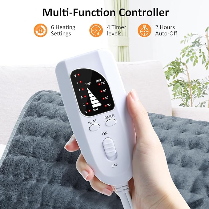 Heating pad for Back/Shoulder/Neck/Abdomen, Electric Heating Pads with 6 Fast Heating Settings, Auto-Off, Soft Machine Wash Fabric, Birthday Gifts for Women Mom, Extra Large 12"x24", Iron