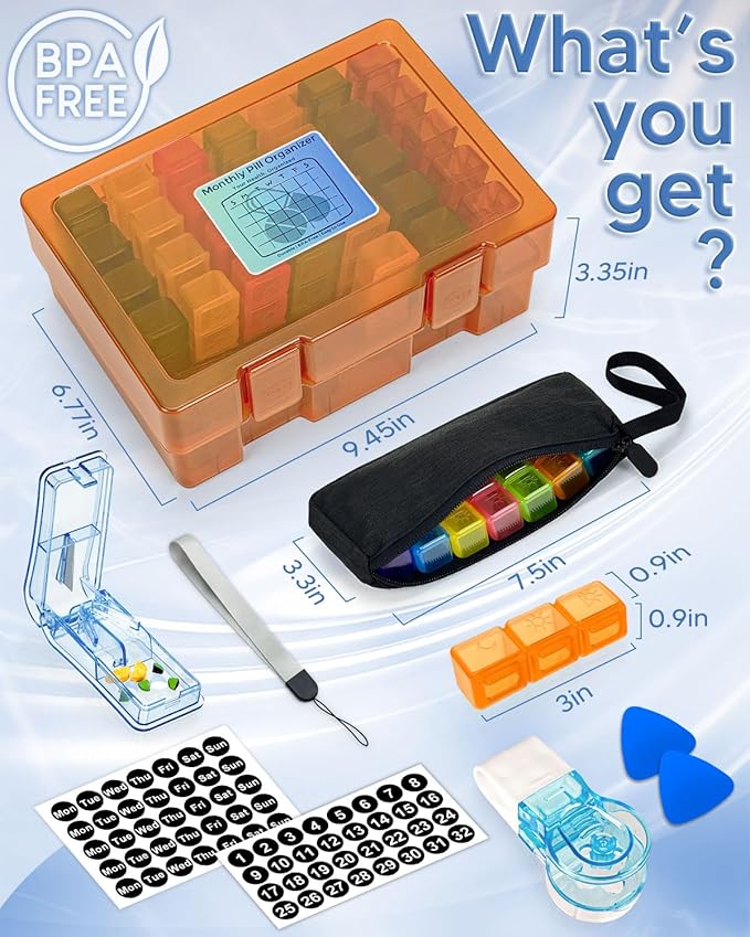 Monthly Pill Organizer 3 Times a Day – Yonlog Large Medicine Box with Weekly Travel Bag, Pill Cutter, Easy-Open Pick, Pill Taker Tool, and 2 Medication Stickers (Tea, 3 Times a Day)