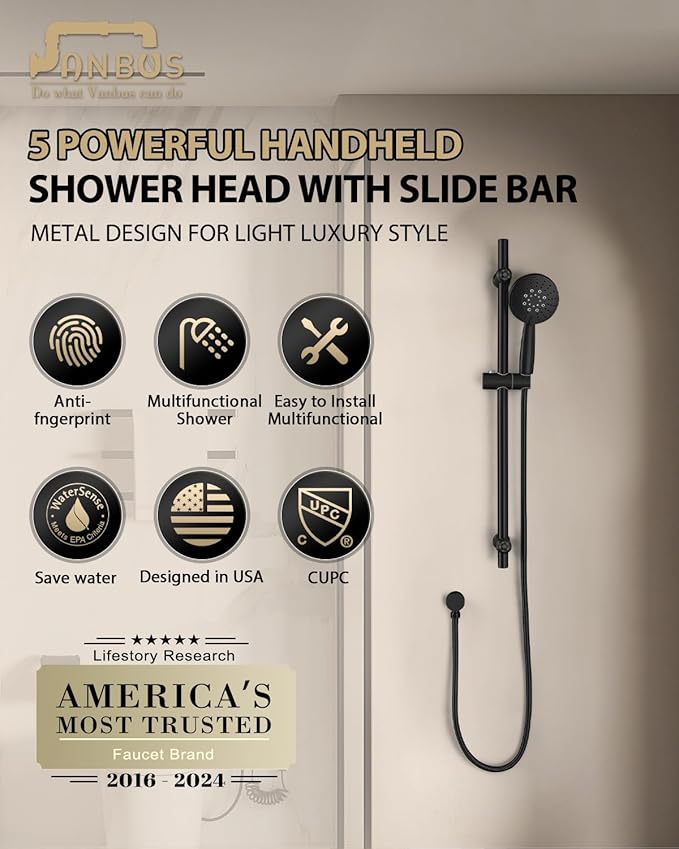 All Metal Handheld Shower Head with Adjustable 30-Inch Shower Slide Bar and 59-Inch Hose, 5-Function 3.2GPM High Pressure Handheld Shower Head with Drop Ell and Holder, Matte Black