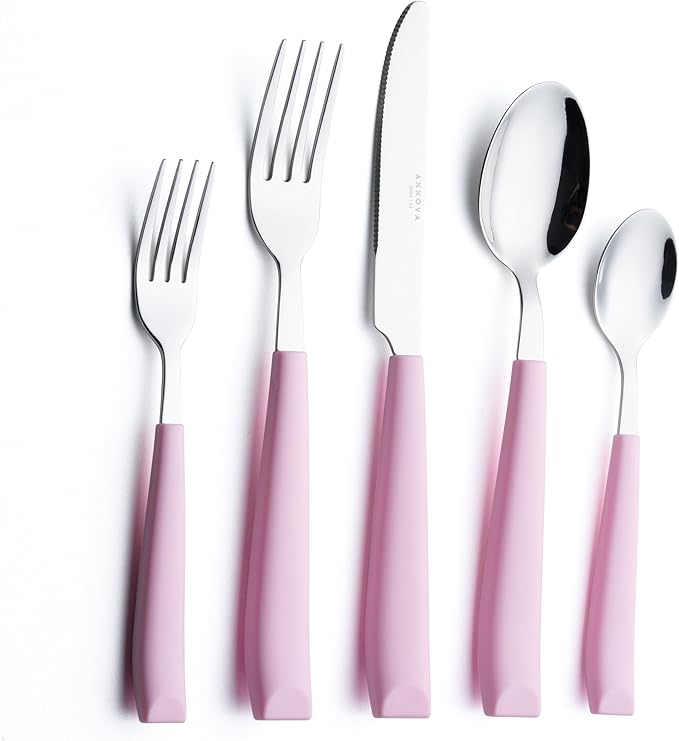 ANNOVA Silverware Set Stainless Steel Colorful Handle Tableware Kitchen Flatware Set Utensils, Includes Dinner Knives, Forks, Spoons, Salad Forks & Dessert Spoons (Light Pink, 20 Pieces)