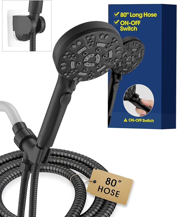 Handheld Shower Head with 6.56ft Extra Long Hose, On Off Switch 8-Seting High Preesure Hand Held Showerhead, Low-Reach Adhesive Holder for Kid, Disable& Elder (Matte Black)