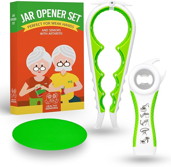 Healthy Seniors Jar Opener for Weak Hands and Seniors with Arthritis, 5 in 1 Multi Function Bottle Opener Lid Opener For Arthritic Hands with Non Slip Gripper For Opening Jars And Bottles (Green)