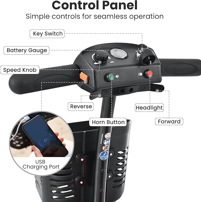 Eficentline Mobility Scooter for Seniors & Adults, Foldable Power Scooter with LED Lighting, Comfortable Seat, Safe Braking System – M2 Model, Black