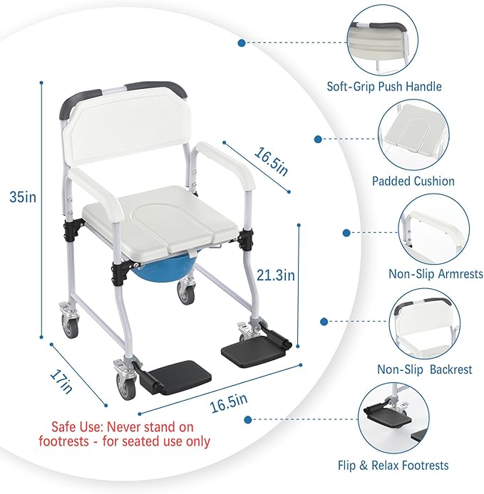 Bedside Commode Chair with 4 Lockable Wheels, 3 in 1 Wheelchair for Bathroom, Portable Toilet with Arms, Padded Seat, Footrests, Backrest for Elderly, Disabled Handicap & Seniors