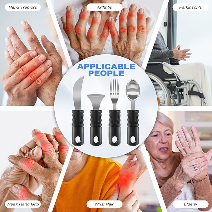 Adaptive Utensils, Weighted Utensils for Hand Tremors, Utensils for Parkinsons Patients,Elderly,Arthritis,Weak Hand Grip. Stainless Steel Knife,Fork,Spoons and Rocker Knife Set (4pcs Regular)