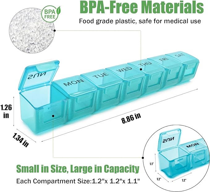 2 Pack Weekly Pill Organizer, Large 7 Day Pill Case, Daily Vitamin Case Medicine Box, AM/PM Pill Containers for Medicine Supplements Fish Oil (Blue & Green)