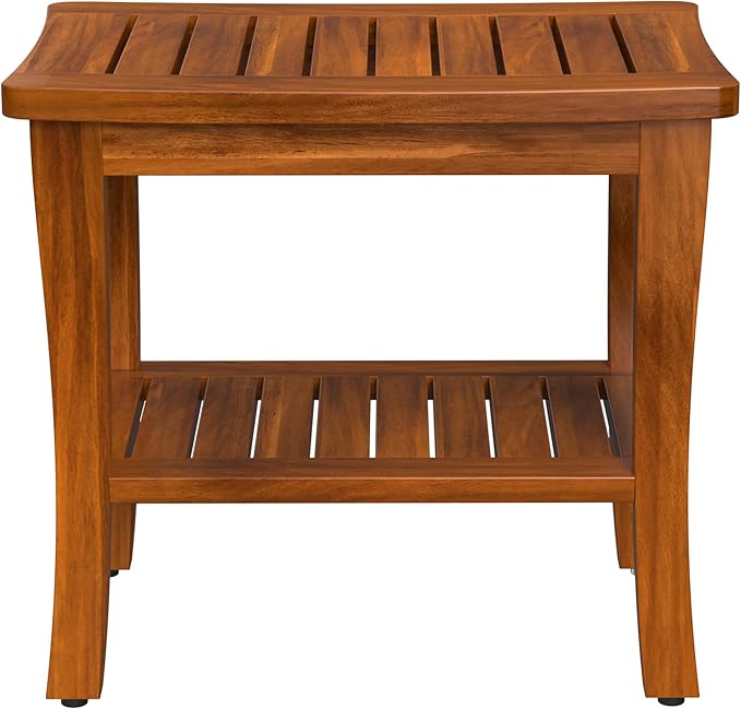 Large Teak Wood Shower Bench Stool with Storage Shelf Wooden Teak Bench for Shower Seat Chair for Inside Shower Waterproof Teakwood Shower Bench Bathroom Spa Bathing Shower Stool with Non-Slip Feet