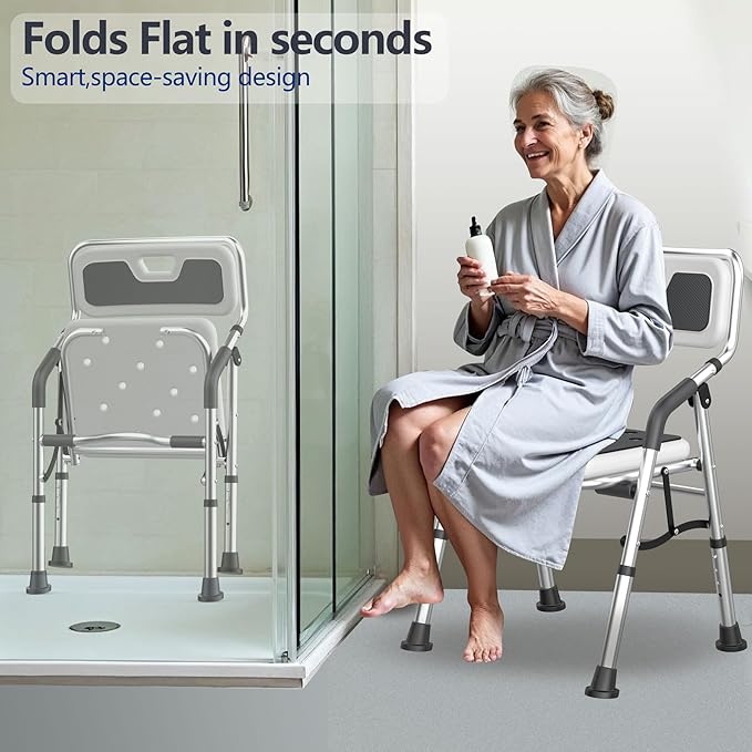 Foldable Shower Chair for Inside Shower with Arms and Back, Shower Chair for Elderly and Disabled with Adjustable Height,Folding Bath Chairs for Seniors,Quick-Assembly & Comfortable