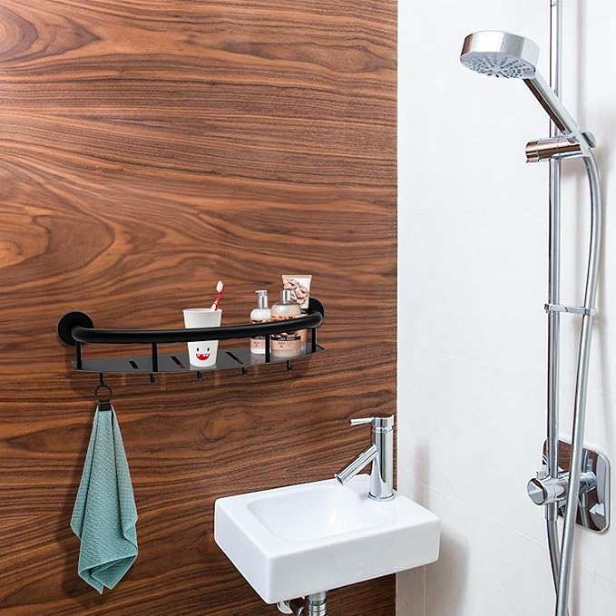 Black 18-inch Safety Grab Bar with Storage Shelf for Bathtub or Shower, Drainage Holes, Stainless Steel, Wall Mounted Grab Bars for Elderly Injured Balance Support
