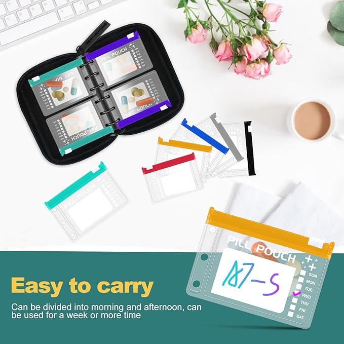 Timueetech A7 Waterproof Pill Organizer with 14 S Zippered Pill Pouches for A7 Binder, Small BPA-Free Weekly Medicine Organizer, Color-Coded Reusable Travel Pill Storage System