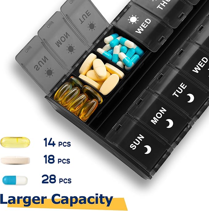 XL Large Weekly Pill Organizer 2 Times a Day, 7 Day AM/PM Pill Box with Hinged Lids & Secure Lock, Big Pill Box Holder Twice a Day, Medication Organizer for Vitamins, Supplements & Medication