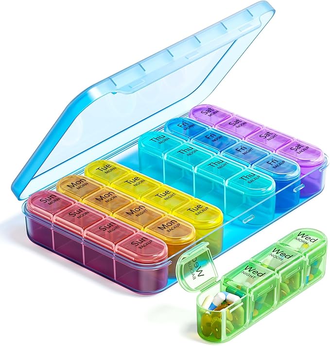 Odaro Weekly Pill Organizer 4 Times a Day, Daily Pill Box 7 Day, Large Travel Pill Case with 28 Compartment to Hold Medicine, Vitamin and Supplement - Blue Case