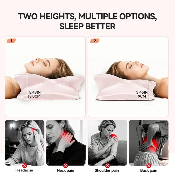 2-Pack Cervical Neck Pillow for Neck Pain Relief,Ergonomic Memory Foam Contour Pillow with Wrinkle-Resistant Silky Satin Fabric Cover,Orthopedic Bed Pillow for Side,Back,Stomach Sleepers,Pink