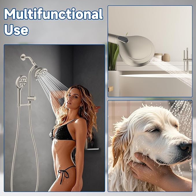 All Metal Dual Shower Head Easy Reach, High Pressure 10-Spray Handheld & Rainfall Shower Head Combo with Shower Extension Arm, 71" Hose, 3-way Diverter, Brass Shower Bracket, Brushed Nickel