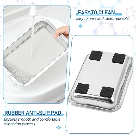 Conelist 1 Set 10.2 x 7.5 Inch Dissection Pan with White Wax Thicken with 4 Rubber Nonslip Mat Reusable Stainless Steel Thicken Dissection Pan for Lab Experiment Junior Senior