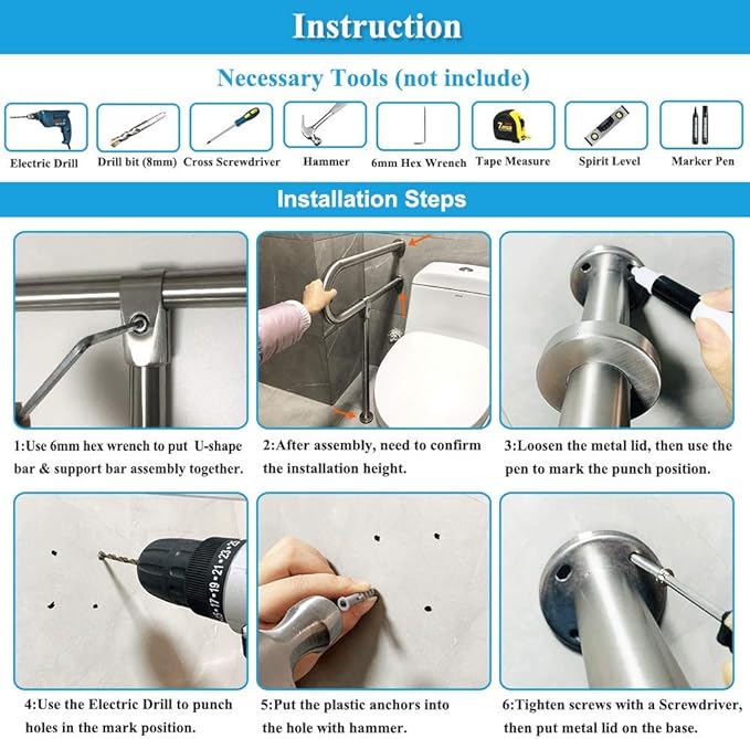 Handicap Rails Grab Bars Bathroom Toilet Safety Rails Support for Elderly Seniors Handicap Toilet Rails Support Assist Stainless Steel Grab Bars for Bathroom Shower Safety Bars Handrails