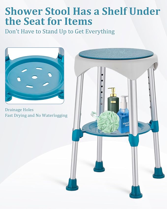 Shower Chair with Storage Tray, Height Adjustable Swivel Shower Stool for Seniors and Adults, 360° Swivel Shower Chair for Bathroom and Inside Shower (Green)