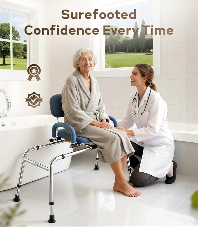 Sliding Shower Chair with Swivel Seat for Tub – 450lbs Bariatric 360° Rotating Bathtub Transfer Bench Inside Shower, Adjustable Height & Width Bath Chairs for Adults Seniors Elderly and Disabled