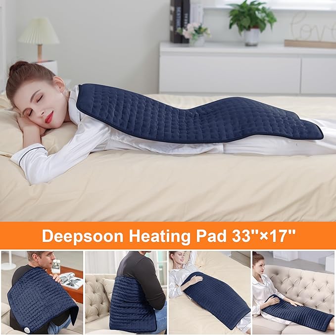 Deepsoon Heating Pad,Electric Heating Pads for Back,Neck,Moist Heating Pad for Abdomen Shoulder Knee Legs,Dry/Moist Heat&Auto Shut Off,Mother's Day Birthday for Men and Women,Navy Blue,33x17 Inch
